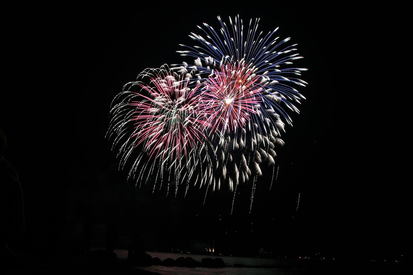 Vibrant fireworks lighting up the night sky with colorful bursts.